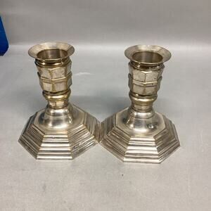 Silver Plated W/ Bronze Accents Candlesticks - Hexagonal (Nut-Like) Sections